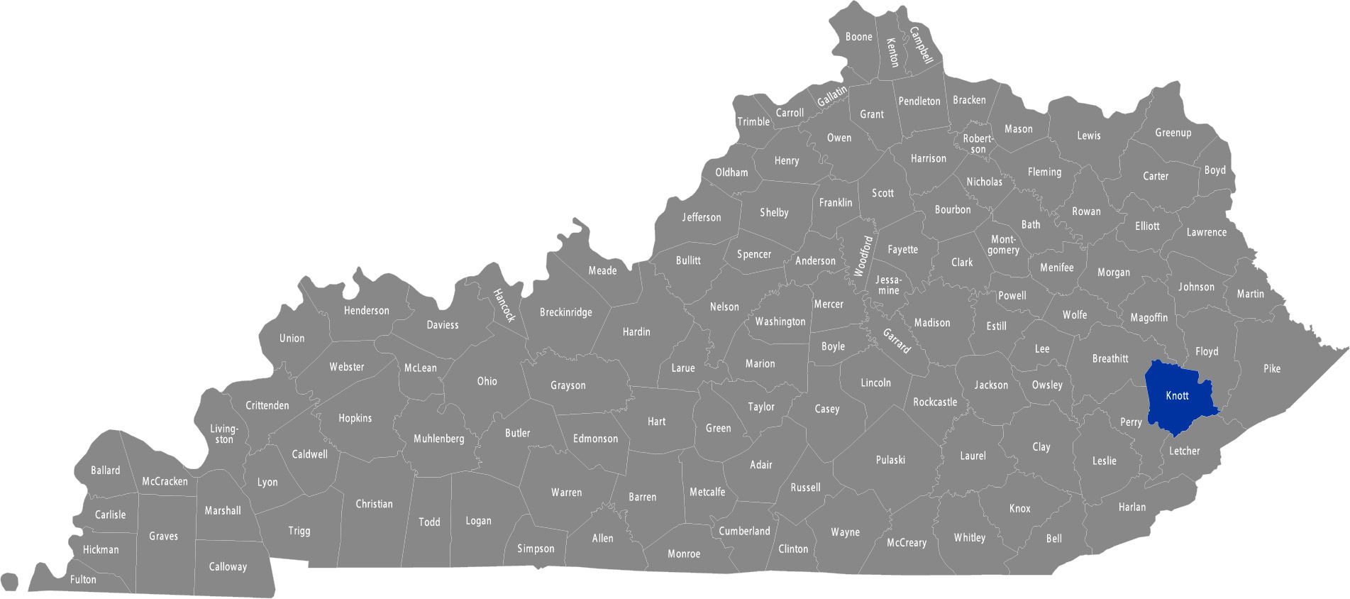 State of Kentucky map with Knott County highlighted 